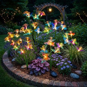 May include: A garden scene shows solar-powered, multi-coloured fibre optic flower lights. The lights are arranged in a flower bed with various plants and a brick border. The lights have a butterfly design and glow with multiple colours.