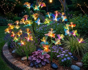 Luces solares de mariposa para jardín - Paquete de 6 luces LED de fibra óptica impermeables para decoración exterior - Luces de estaca multicolor para caminos de jardín, patios y macizos de flores