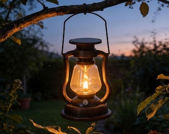 Vintage Solar Hanging Lantern | Flickering LED Flame Light | Rustic Outdoor Backyard Lighting & Patio Decor, Farmhouse Garden Gift, Dad Gift