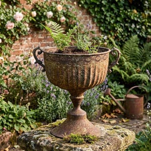 Op de afbeelding: Een verweerde, antieke urnenplanter met een gegroefde body en sierlijke handvatten. De roestbruine metalen planter bevat aarde en groen, waaronder varens en lavendel. Hij staat op een met mos bedekte steen in een tuin.