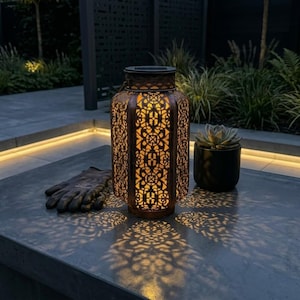 Moroccan Garden Art Solar Lantern, Hanging Garden Light. Rustic Patio Table Decor & Outdoor Table Lighting. Housewarming Gift For Gardener