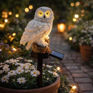 May include: A white owl garden statue with glowing yellow eyes, perched on a tree stump. The solar-powered light is mounted on a black stake, surrounded by daisies in a terracotta pot. The background features a blurred garden scene.