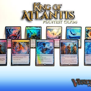 May include: A collection of eleven rectangular trading cards arranged in two rows, featuring vibrant fantasy illustrations with blue, orange, and white color palettes. The text King of Atlantis Playtest Cards appears at the top, and Verdant Proxies is at the bottom. Each card displays unique character art, game text, and borders.