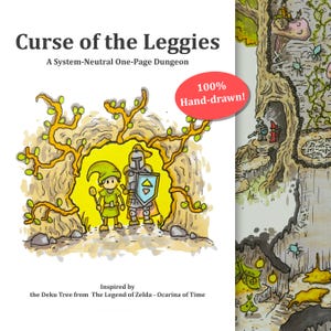 Puede incluir: Ilustración dibujada a mano de una mazmorra de fantasía de una página titulada "Curse of the Leggies". La imagen presenta un árbol con dos personajes frente a él. El texto "100% Dibujado a mano!" está en un círculo rojo. Inspirado en el Deku Tree de The Legend of Zelda.