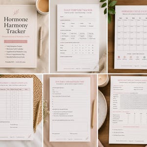 Könnte beinhalten: Eine Sammlung von druckbaren Hormon-Tracking-Seiten, darunter ein täglicher Symptom-Tracker, ein Zyklus-Kalender und ein Ergänzungsmittel-Protokoll. Das Cover des Spiralnotizbuchs lautet "Hormone Harmony Tracker". Die Seiten haben ein minimalistisches Design mit rosa Akzenten.