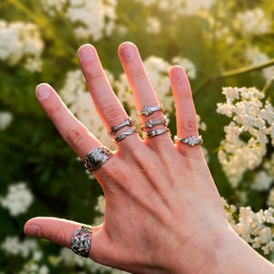 Può includere: Una mano che mostra diversi anelli d'argento con disegni intricati. Gli anelli presentano varie forme, tra cui motivi floreali e geometrici. Lo sfondo è un'immagine sfocata di fiori bianchi e luce solare.