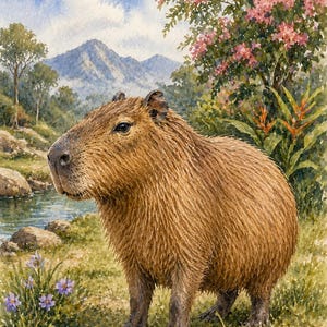 May include: Watercolor painting of a capybara in a natural setting. The brown rodent stands in a grassy area near a stream, with a backdrop of mountains, trees, and pink flowering plants. The artwork has a soft, realistic style.