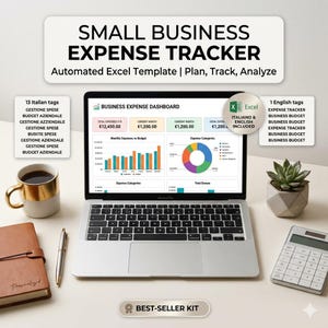 Può includere: Un laptop mostra un dashboard delle spese aziendali con grafici. L'immagine include una tazza di caffè, un taccuino, una penna, una calcolatrice e una piccola pianta grassa. Il testo recita "Small Business Expense Tracker".