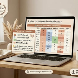 Può includere: Un laptop mostra un tracker della salute mentale con analisi dei dati giornalieri e settimanali. Lo schermo mostra una tabella con colonne per ansia, sonno, esercizio fisico e attività sociale. Una tazza con la scritta "CALM" è vicina.