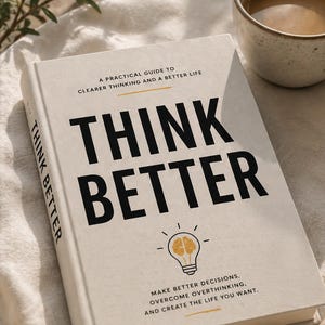 Puede incluir: Un libro de tapa dura crema titulado "THINK BETTER" con texto negro. El libro incluye el lema "A PRACTICAL GUIDE TO CLEARER THINKING AND A BETTER LIFE". Una taza de café está al lado.