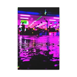 Neon Rain Reflection  Canvas - Cyberpunk Wall Art, Night City Photography, Puple Neon Poster, Dark Aesthetic Decor