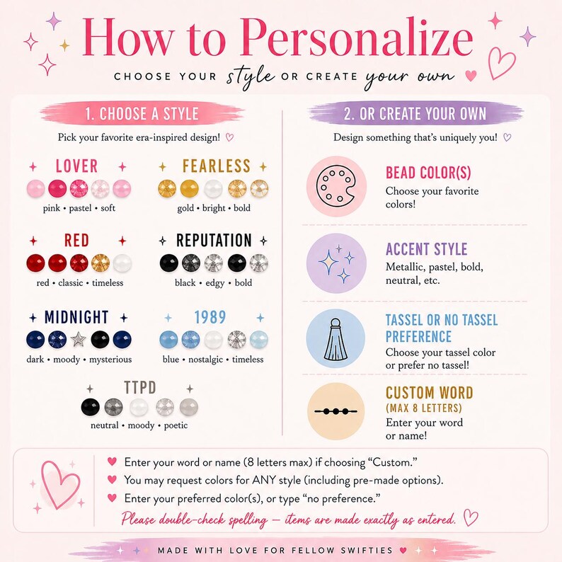 May include: A pink and white graphic with text that reads "How to Personalize." It details options for choosing a style or creating a custom design. Includes options for bead colors, accent styles, and tassel preferences.