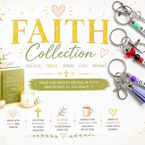 以下が含まれることがあります： 「Faith Collection」は、「Blessed」、「Jesus」、「Grace」の文字が入ったキーホルダー、マグカップ、本、キャンドルが特徴で、すべて十字架で飾られています。背景には花の配置と「Believe, Trust, Grow, Love, Repeat」の文字が含まれています。