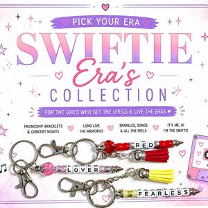 May include: A promotional image for the Swiftie Era's Collection, featuring keychains with the words "Red", "Lover", and "Fearless". The image includes a pink microphone, a cassette tape, and text that reads "Pick Your Era" and "For the girls who get the lyrics & live the eras".