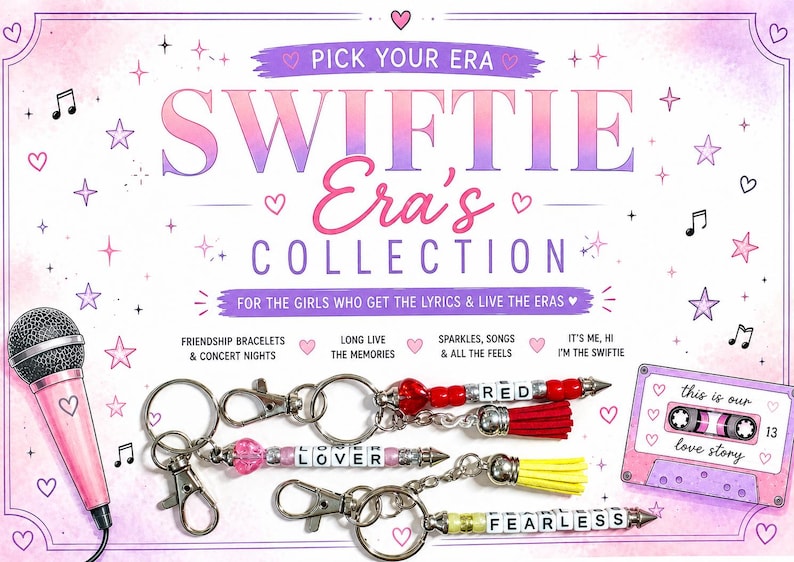 May include: A promotional image for the Swiftie Era's Collection, featuring keychains with the words "Red", "Lover", and "Fearless". The image includes a pink microphone, a cassette tape, and text that reads "Pick Your Era" and "For the girls who get the lyrics & live the eras".