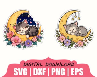 Pegatina de gato durmiendo en la luna (Svg, Dxf, Png)