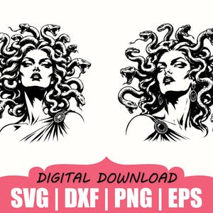 May include: Two black and white graphic illustrations of Medusa with snakes for hair, featuring sharp facial features and a draped garment with a circular brooch. Below the illustrations, the text reads DIGITAL DOWNLOAD SVG | DXF | PNG | EPS.