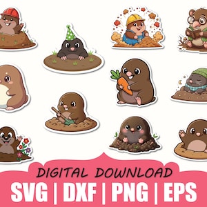 Könnte beinhalten: Eine Sammlung von Cartoon-Maulwurf-Aufklebern in verschiedenen Posen, darunter einer mit Helm und einer mit Karotte. Das Bild enthält den Text "DIGITALER DOWNLOAD" und Dateityp-Abkürzungen.