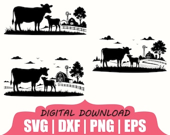 Cow with Calf in Rural Landscape Silhouette, Svg, Dxf, Png