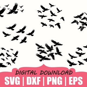 May include: Black silhouette illustrations of birds in flight, arranged in various formations. The image includes the text "DIGITAL DOWNLOAD" and file type abbreviations: SVG, DXF, PNG, and EPS, set against a white background.