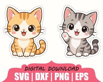 Kawaii Cat Sticker Svg, Dxf, Png