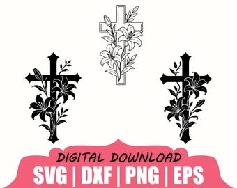 Floral Cross Silhouette, Svg, Dxf, Png
