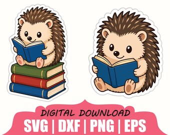 Pegatina de erizo leyendo (SVG, DXF, PNG)