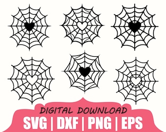 Spider Web with Heart Shape Silhouette, Svg, Dxf, Png