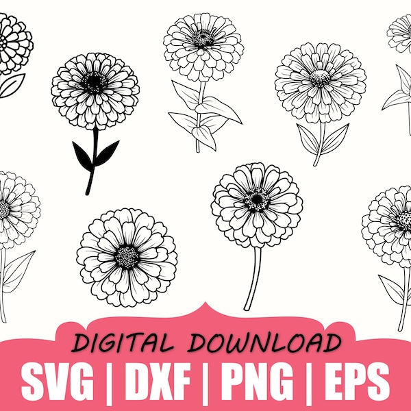 Zinnia Flower Silhouette, Svg, Dxf, Png