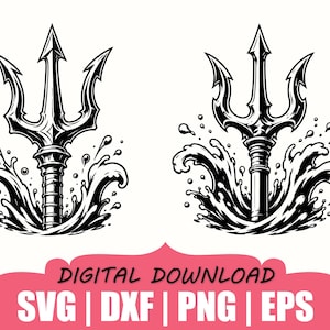 Puede incluir: Dos ilustraciones gráficas en blanco y negro de un tridente emergiendo de salpicaduras de agua. El diseño presenta una lanza de tres puntas afiladas con un mango texturizado, rodeada de olas estilizadas. El texto inferior dice DIGITAL DOWNLOAD SVG | DXF | PNG | EPS.