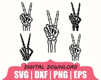 Skeleton Hand Peace Sign Silhouette, Svg, Dxf, Png
