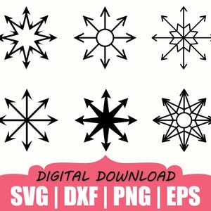 May include: A collection of six black star-shaped icons with radiating arrows arranged in two rows. Below the icons, a pink banner contains the black text: DIGITAL DOWNLOAD SVG | DXF | PNG | EPS. The designs feature various geometric patterns.
