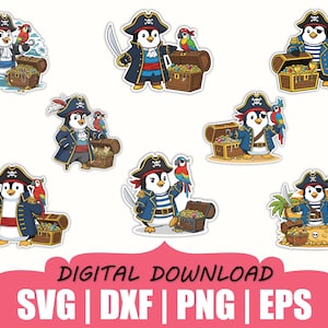 May include: A collection of eight cartoon penguin pirate illustrations, each wearing a tricorn hat and accompanied by a colorful parrot and a wooden treasure chest filled with gold coins. The text reads DIGITAL DOWNLOAD SVG | DXF | PNG | EPS.