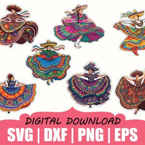 Op de afbeelding: Een verzameling kleurrijke digitale illustraties van vrouwen in traditionele Mexicaanse jurken en sombrero's. De jurken hebben ingewikkelde patronen in heldere kleuren zoals rood, blauw, groen en geel. De tekst "DIGITALE DOWNLOAD" en bestandstype-afkortingen zijn inbegrepen.