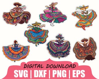 Pegatina de bailarina mexicana tradicional con traje folclórico (Svg, Dxf, Png)
