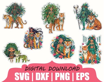 Pegatina de chica con liana de la jungla y tigre (Svg, Dxf, Png)