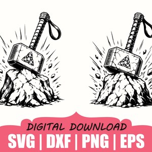 May include: A black and white digital illustration of a hammer resting on a rock, featuring a triquetra symbol on the hammer head and a leather strap on the handle. Below the graphic, the text reads: DIGITAL DOWNLOAD SVG | DXF | PNG | EPS.