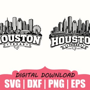 May include: Two black and white graphic illustrations of the Houston, Texas skyline. Each design features detailed city buildings, a ferris wheel or rocket, and the text HOUSTON TEXAS with a small outline of the state of Texas below the name.