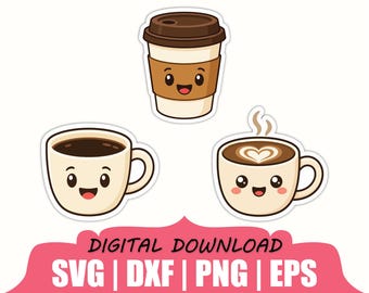 Kawaii Coffee Cup Sticker Svg, Dxf, Png