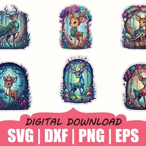 May include: A collection of six colorful deer illustrations in a whimsical forest setting. Each deer is depicted with unique designs and surrounded by vibrant foliage. The text "DIGITAL DOWNLOAD" and file type options are displayed below.