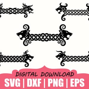 Könnte beinhalten: Schwarze digitale Kunst mit stilisierten Tierköpfen mit Hörnern, die durch ein keltisches Knotenmuster verbunden sind. Das Bild enthält den Text "DIGITALER DOWNLOAD" und Dateityp-Abkürzungen: SVG, DXF, PNG und EPS.