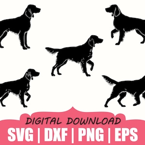 Op de afbeelding: Vijf zwarte silhouetten van een hond in verschillende staande en lopende houdingen. Onder de hondafbeeldingen staat een roze banner met de zwarte tekst: DIGITAL DOWNLOAD, gevolgd door de bestandsformaten: SVG | DXF | PNG | EPS.