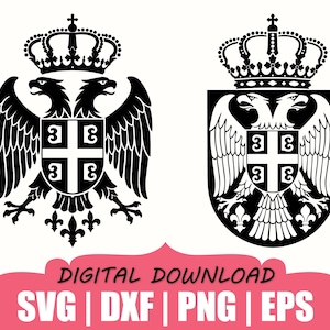 May include: Two black and white graphic illustrations of a double-headed eagle with a crown and a central shield featuring a cross and four Cyrillic letters. The text DIGITAL DOWNLOAD SVG | DXF | PNG | EPS is displayed at the bottom of the image.