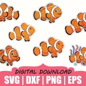 May include: A collection of cartoon clownfish stickers in various poses. The fish are orange with white stripes and black outlines. The image includes the text "DIGITAL DOWNLOAD" and file type options: SVG, DXF, PNG, and EPS.