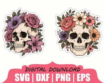 Pegatina de calavera floral en formato SVG, DXF y PNG.