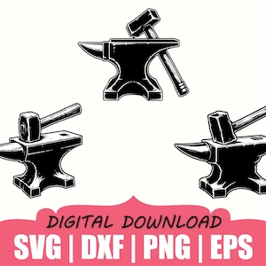 May include: A black and white graphic illustration featuring three anvils paired with hammers. The text below reads DIGITAL DOWNLOAD SVG | DXF | PNG | EPS. The design displays metalworking tools in a clean, high-contrast style suitable for various projects.