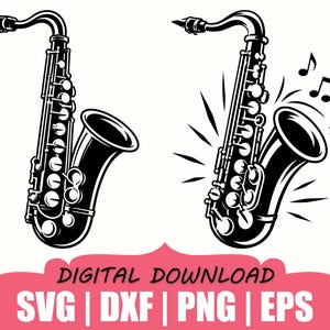 Pode incluir: Duas ilustrações a preto e branco de um saxofone. O saxofone da esquerda é simples, enquanto o da direita apresenta linhas radiantes e notas musicais. Abaixo, uma faixa cor-de-rosa exibe o texto: DIGITAL DOWNLOAD SVG | DXF | PNG | EPS.