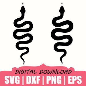 Könnte beinhalten: Zwei schwarze Schlangensilhouetten in vertikaler, gewundener Position mit sichtbaren Zungen. Unter den Schlangen befindet sich ein rosa Banner mit dem schwarzen Text: DIGITAL DOWNLOAD, gefolgt von weißem Text: SVG | DXF | PNG | EPS.