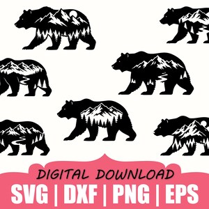 Puede incluir: Seis siluetas de osos negros con paisajes de montañas y bosques en espacio negativo. Algunos osos incluyen un río sinuoso o un sol circular. El texto en la parte inferior dice DIGITAL DOWNLOAD SVG | DXF | PNG | EPS sobre un fondo rosa.