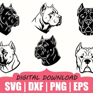 May include: Six black and white dog head illustrations in various styles. The image includes side profiles and frontal views. The bottom of the image has the text "DIGITAL DOWNLOAD" and file type abbreviations: SVG, DXF, PNG, and EPS.